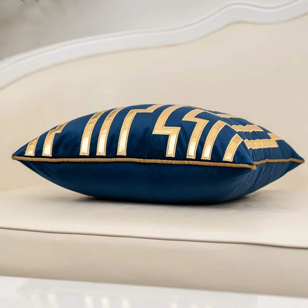 Alerfa Gold Leather Striped Black Throw Pillow Cover 18x18 Inch, Geometric Luxury Decorative Embroidered Velvet Pillow Cover for Couch Living Room Bedroom