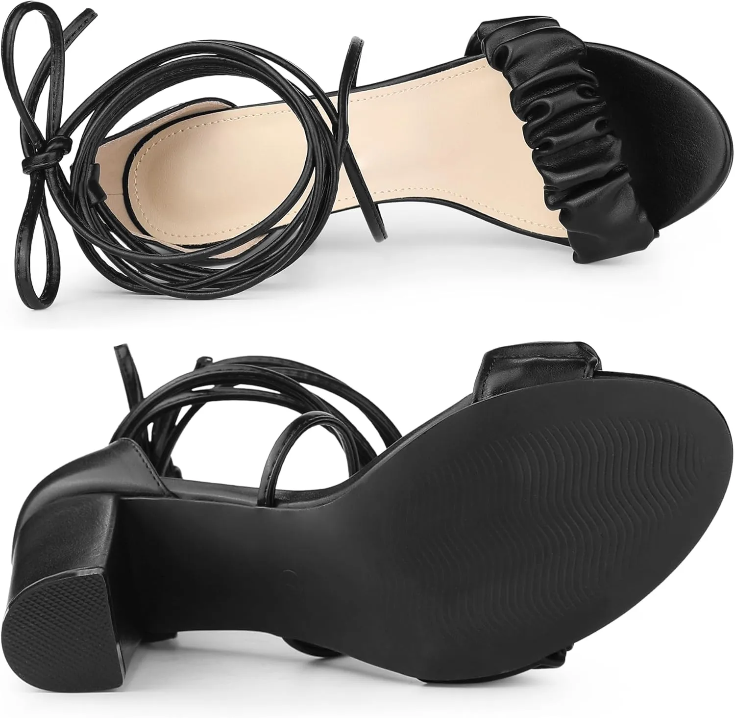 Allegra K Women's Lace Up Ruched Strap Chunky Heels Strappy Sandals