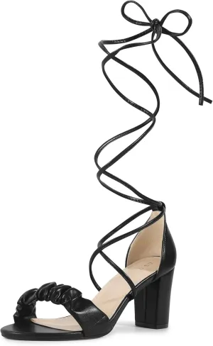 Allegra K Women's Lace Up Ruched Strap Chunky Heels Strappy Sandals