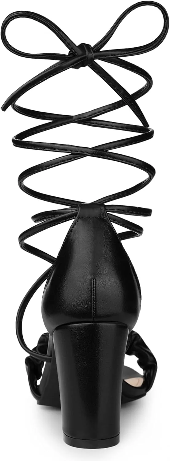 Allegra K Women's Lace Up Ruched Strap Chunky Heels Strappy Sandals
