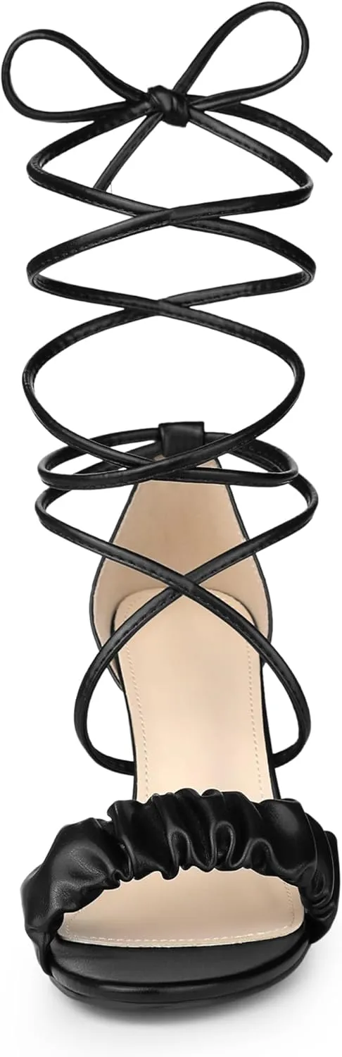 Allegra K Women's Lace Up Ruched Strap Chunky Heels Strappy Sandals