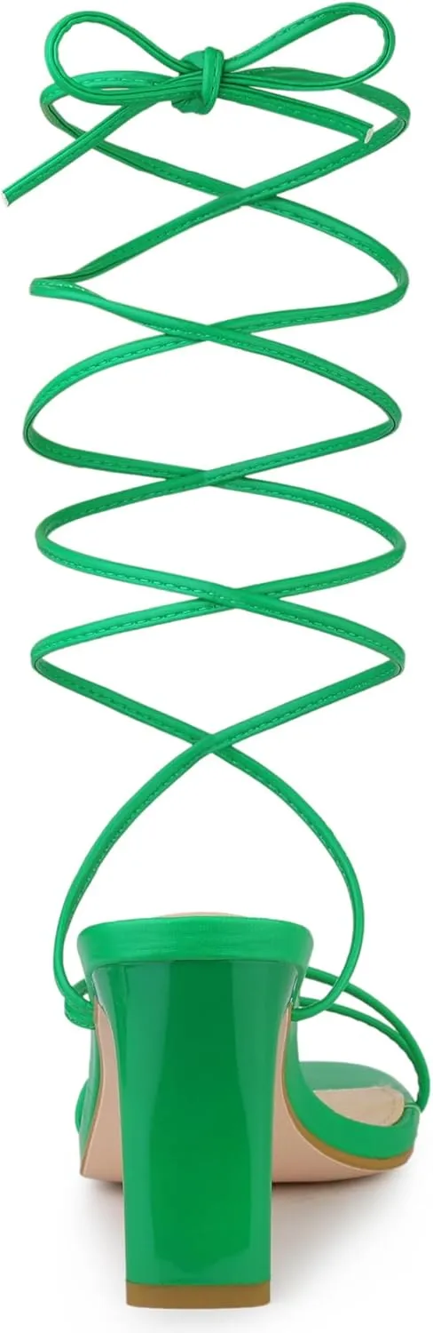 Allegra K Women's Lace Up Strappy Block High Heel Sandals