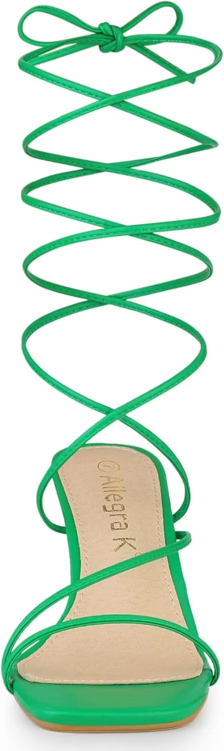 Allegra K Women's Lace Up Strappy Block High Heel Sandals