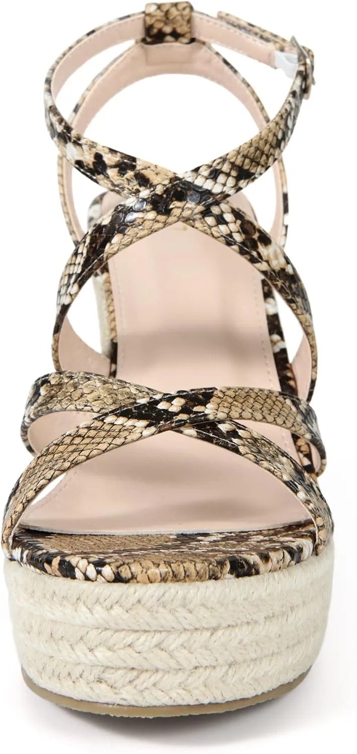 Allegra K Women's Snake Print Strappy Espadrilles Wedge Heel Platform Sandals