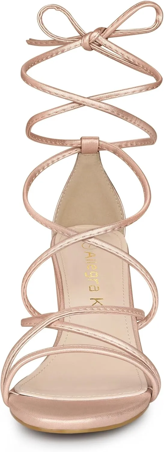 Allegra K Women's Strappy Lace Up Chunky Heeled Sandals