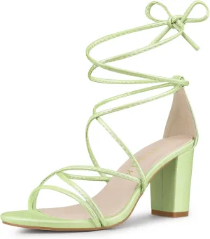 Allegra K Women's Strappy Lace Up Chunky Heeled Sandals