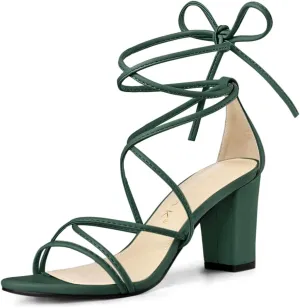 Allegra K Women's Strappy Lace Up Chunky Heeled Sandals