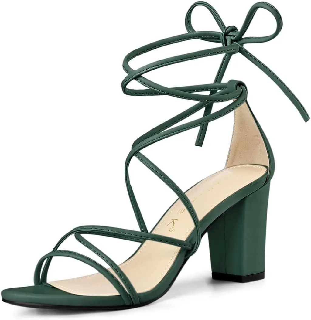 Allegra K Women's Strappy Lace Up Chunky Heeled Sandals