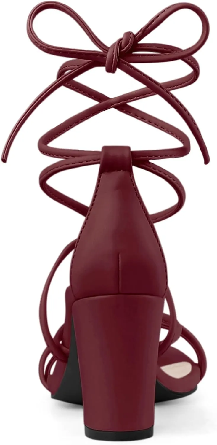 Allegra K Women's Strappy Lace Up Chunky Heeled Sandals