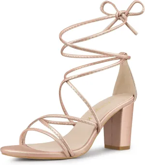 Allegra K Women's Strappy Lace Up Chunky Heeled Sandals