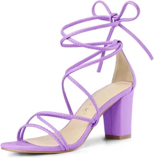 Allegra K Women's Strappy Lace Up Chunky Heeled Sandals