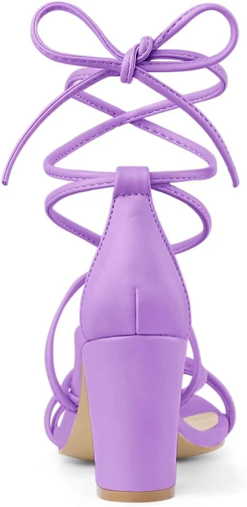 Allegra K Women's Strappy Lace Up Chunky Heeled Sandals