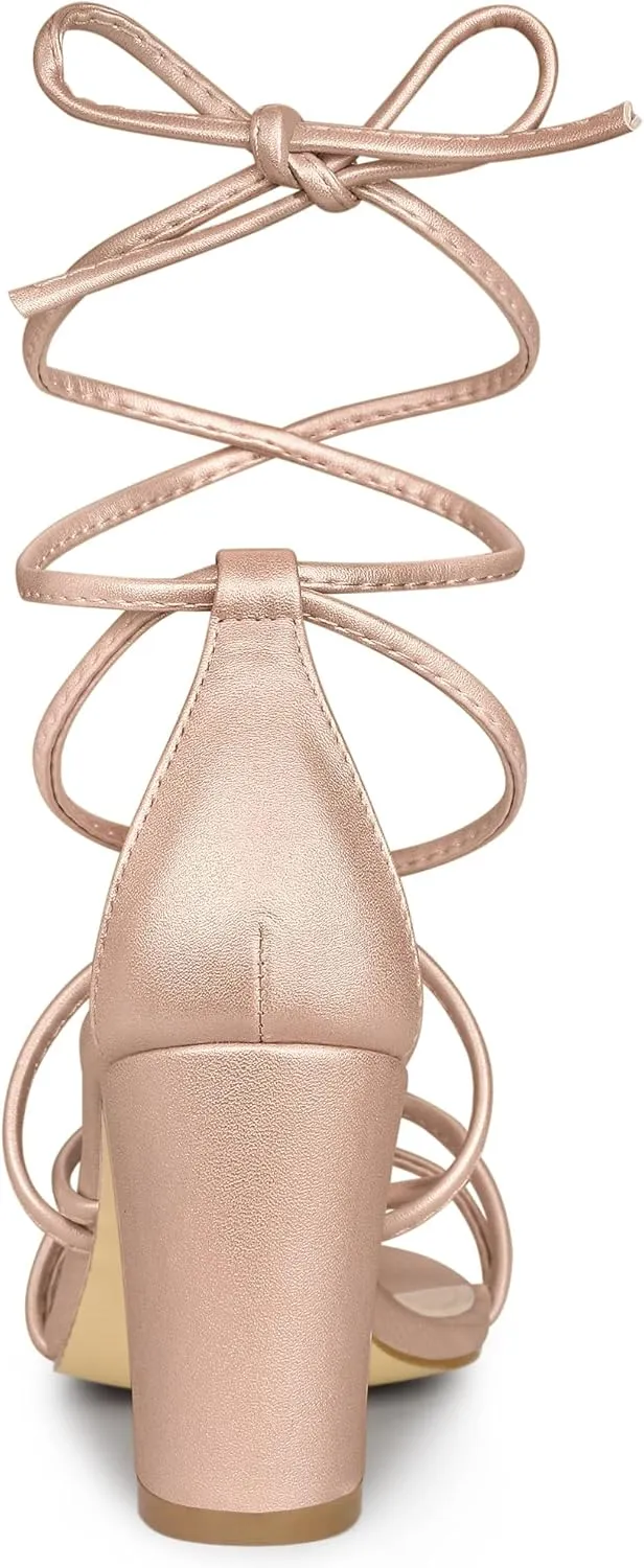 Allegra K Women's Strappy Lace Up Chunky Heeled Sandals