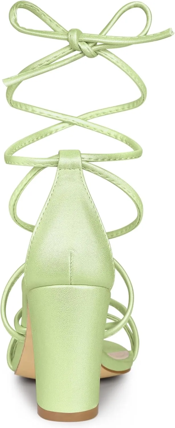 Allegra K Women's Strappy Lace Up Chunky Heeled Sandals