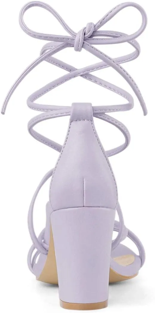 Allegra K Women's Strappy Lace Up Chunky Heeled Sandals