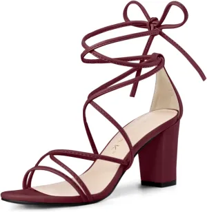 Allegra K Women's Strappy Lace Up Chunky Heeled Sandals