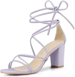 Allegra K Women's Strappy Lace Up Chunky Heeled Sandals