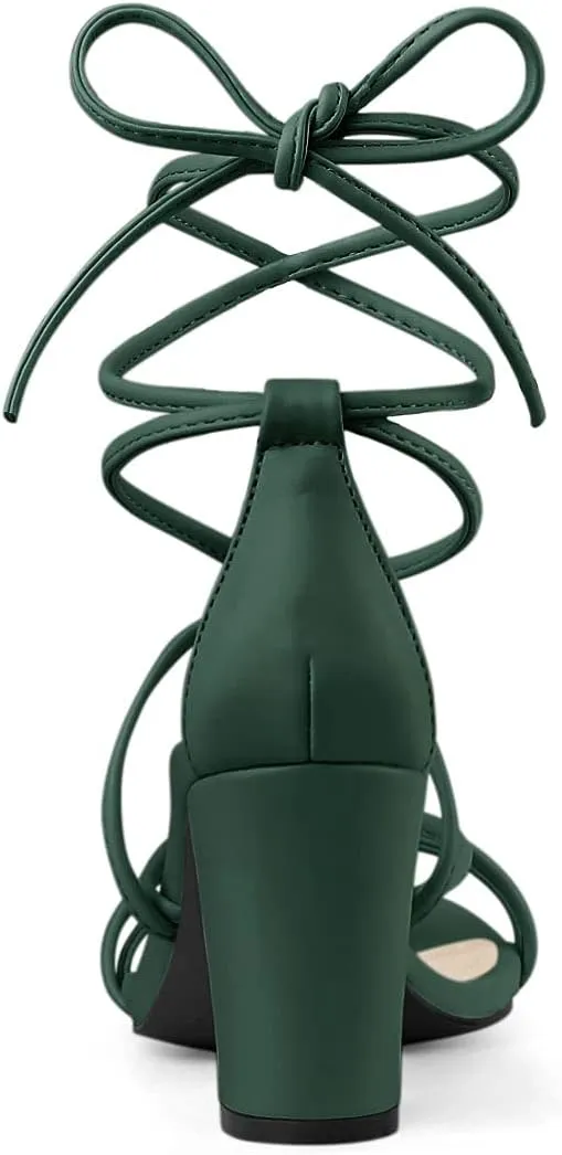 Allegra K Women's Strappy Lace Up Chunky Heeled Sandals