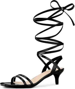 Allegra K Women's Strappy Lace Up Slingback Kitten Heel Sandals
