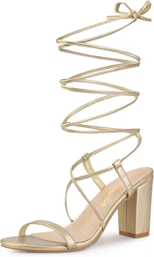 Allegra K Women's Strappy One Strap Lace Up Chunky Heels Sandals