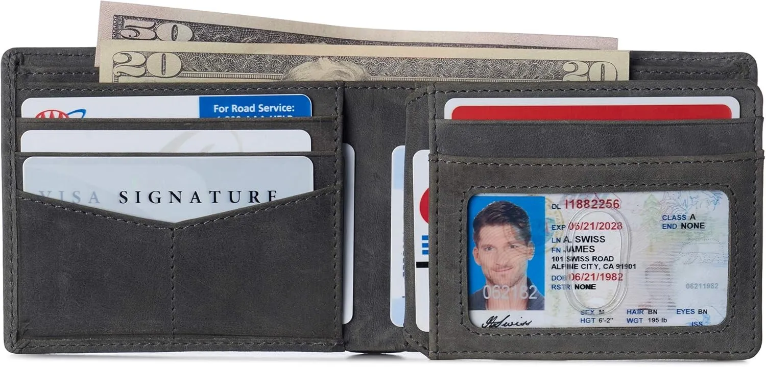 Alpine Swiss Mens Nolan Bifold Commuter Wallet Cowhide Leather RFID Safe Comes in a Gift Box
