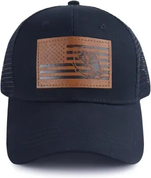 American Flag with Bass Trucker Hats for Men, Adjustable Leather Patch Mesh Fishing Baseball Cap