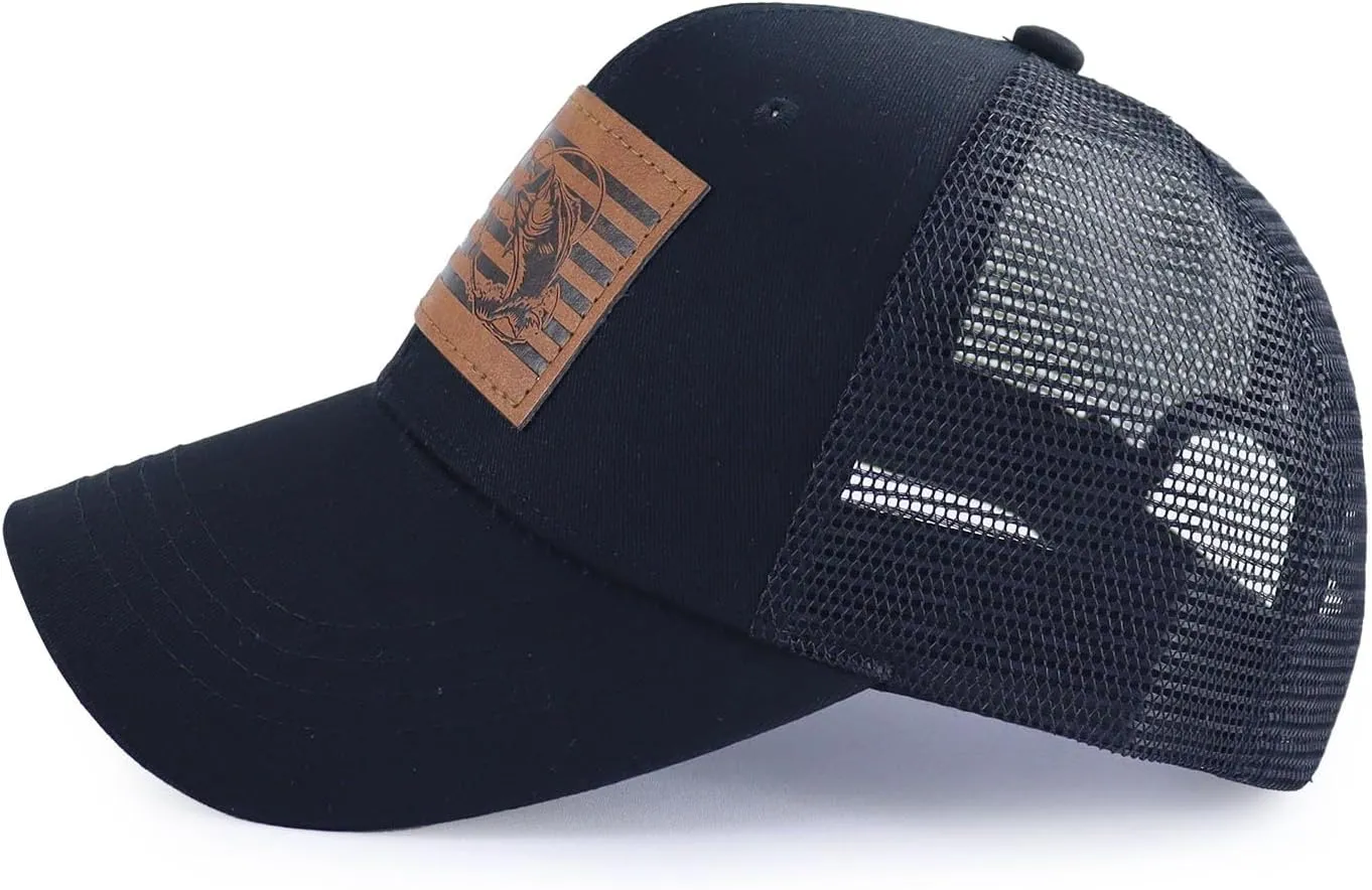 American Flag with Bass Trucker Hats for Men, Adjustable Leather Patch Mesh Fishing Baseball Cap