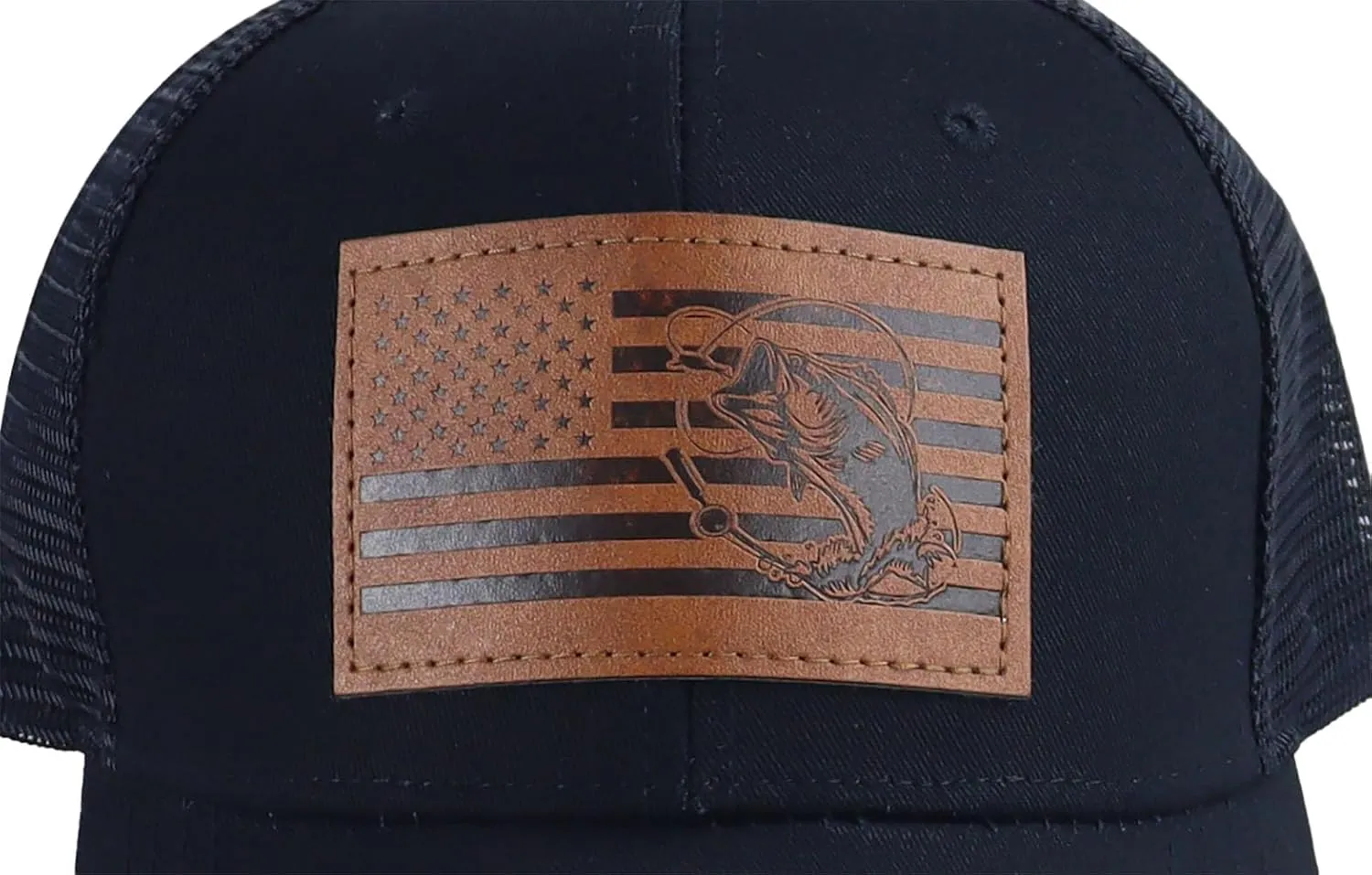American Flag with Bass Trucker Hats for Men, Adjustable Leather Patch Mesh Fishing Baseball Cap