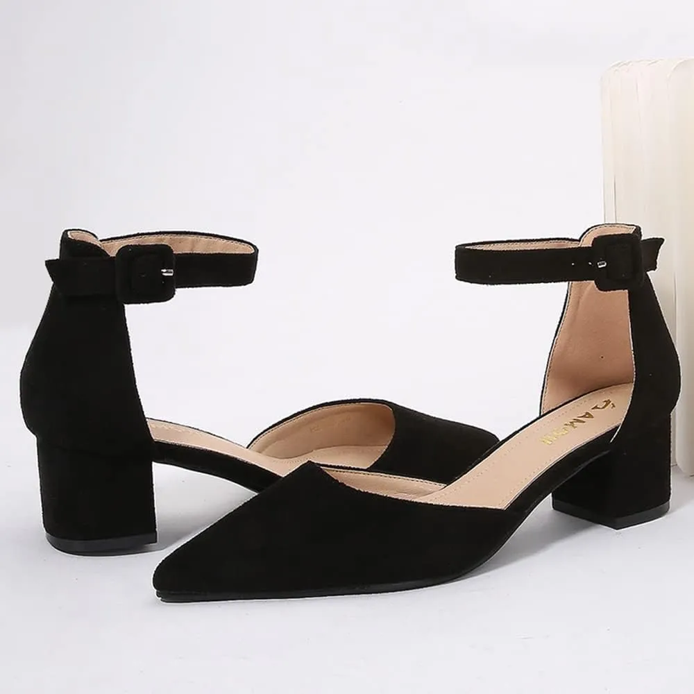 Amoji Women's 2 inch Pointed Toe Low Chunky Heels Dress Pumps Heeled Shoes with Ankle Strap 412