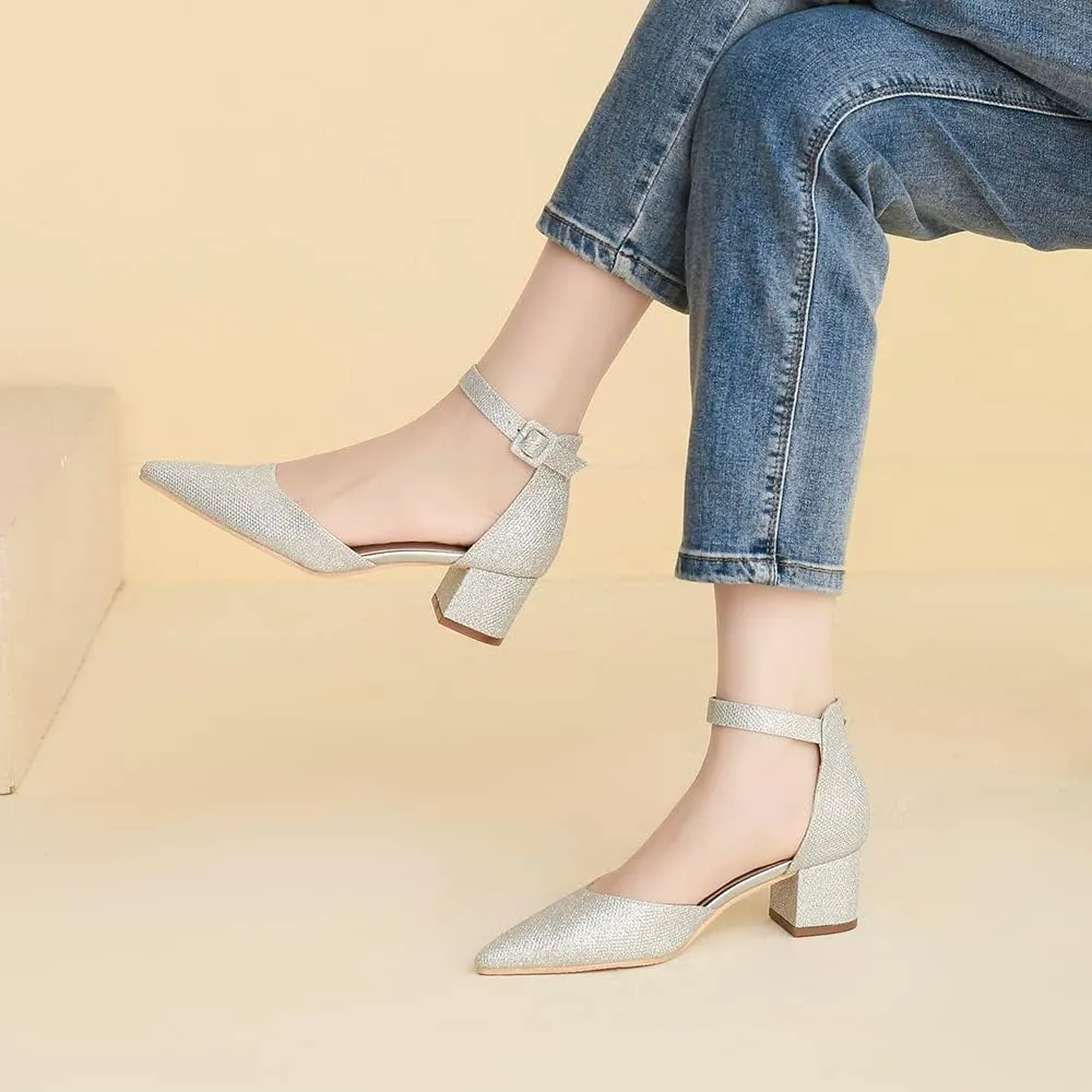 Amoji Women's 2 inch Pointed Toe Low Chunky Heels Dress Pumps Heeled Shoes with Ankle Strap 412