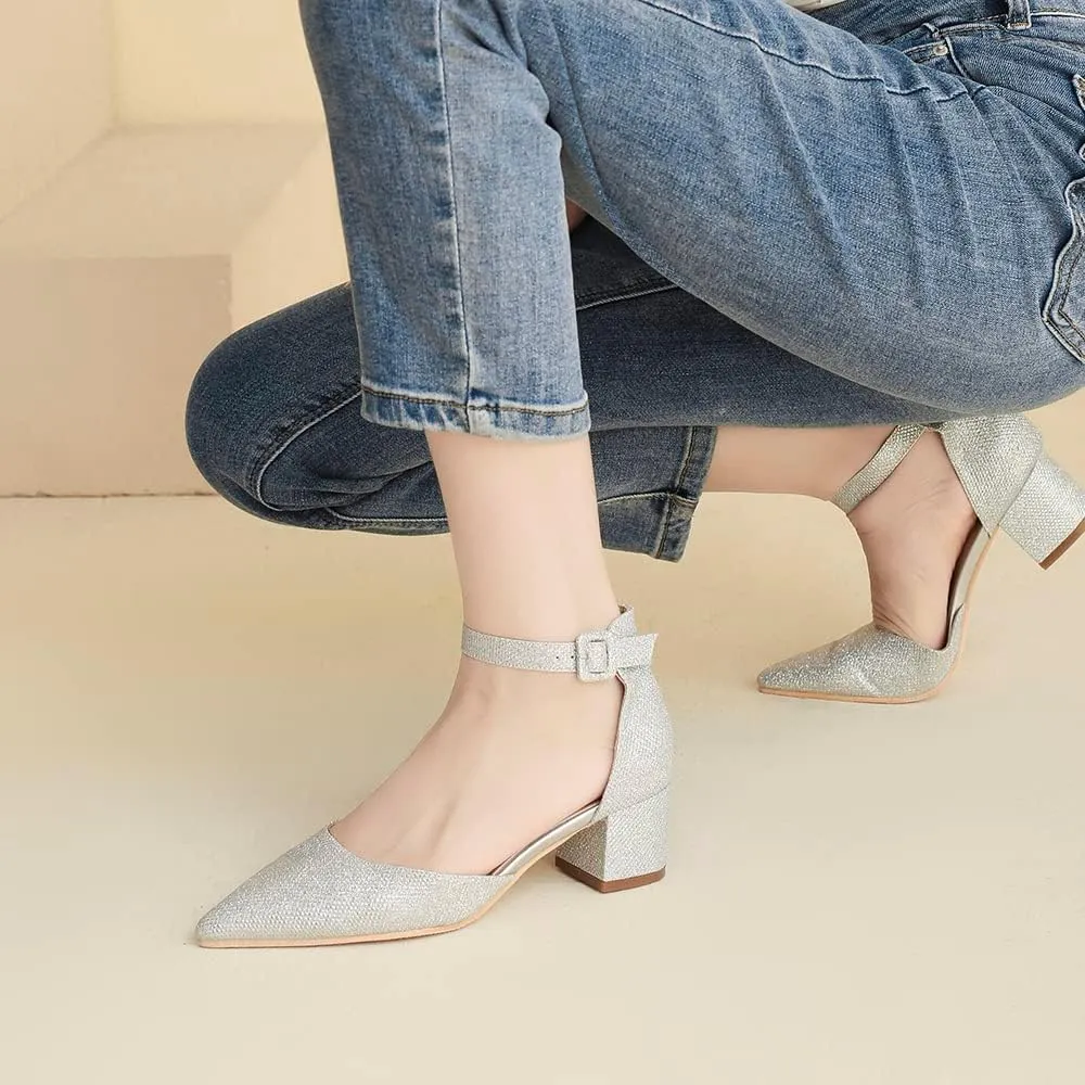 Amoji Women's 2 inch Pointed Toe Low Chunky Heels Dress Pumps Heeled Shoes with Ankle Strap 412