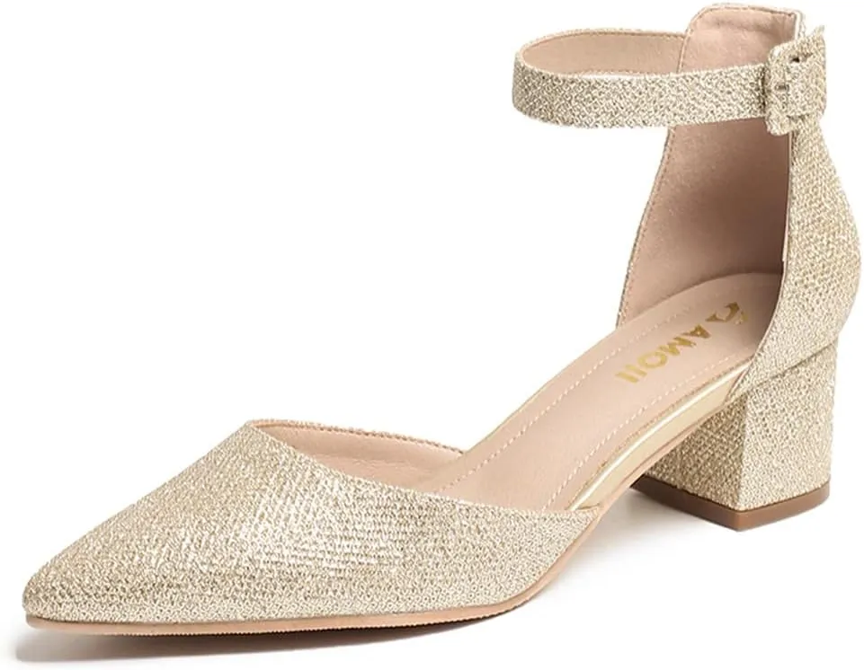 Amoji Women's 2 inch Pointed Toe Low Chunky Heels Dress Pumps Heeled Shoes with Ankle Strap 412