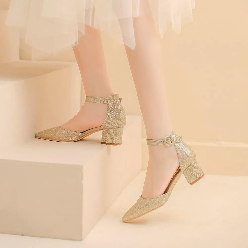 Amoji Women's 2 inch Pointed Toe Low Chunky Heels Dress Pumps Heeled Shoes with Ankle Strap 412
