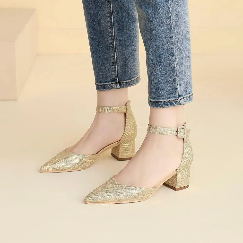 Amoji Women's 2 inch Pointed Toe Low Chunky Heels Dress Pumps Heeled Shoes with Ankle Strap 412
