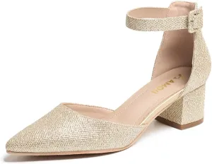 Amoji Women's 2 inch Pointed Toe Low Chunky Heels Dress Pumps Heeled Shoes with Ankle Strap 412