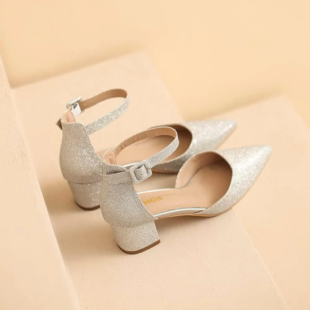 Amoji Women's 2 inch Pointed Toe Low Chunky Heels Dress Pumps Heeled Shoes with Ankle Strap 412