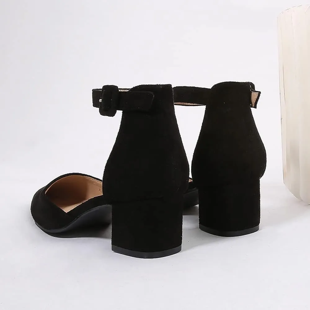 Amoji Women's 2 inch Pointed Toe Low Chunky Heels Dress Pumps Heeled Shoes with Ankle Strap 412