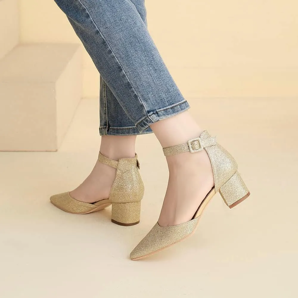 Amoji Women's 2 inch Pointed Toe Low Chunky Heels Dress Pumps Heeled Shoes with Ankle Strap 412