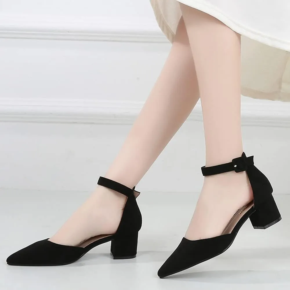 Amoji Women's 2 inch Pointed Toe Low Chunky Heels Dress Pumps Heeled Shoes with Ankle Strap 412