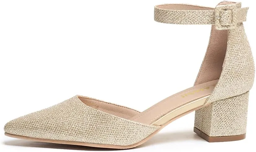 Amoji Women's 2 inch Pointed Toe Low Chunky Heels Dress Pumps Heeled Shoes with Ankle Strap 412