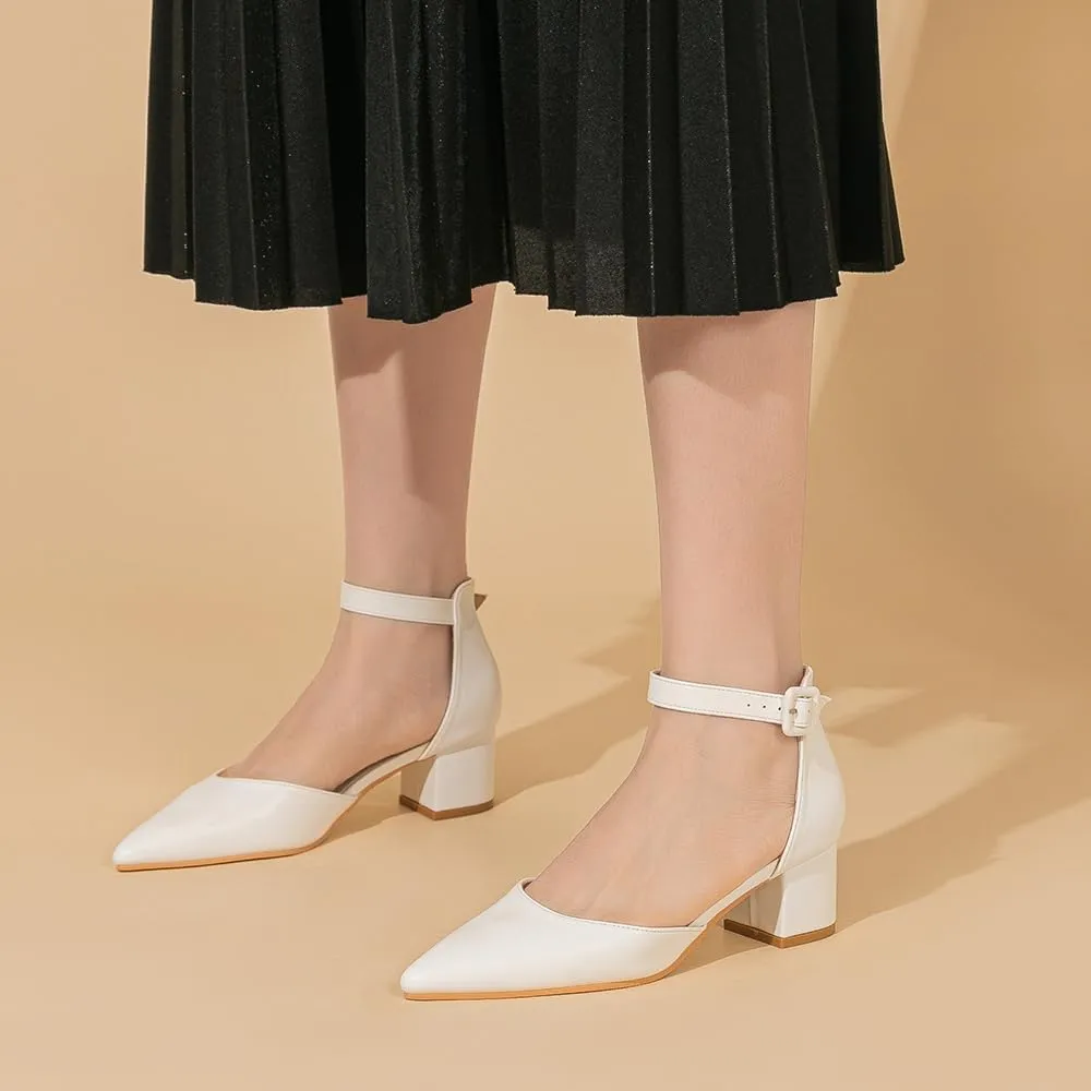 Amoji Women's 2 inch Pointed Toe Low Chunky Heels Dress Pumps Heeled Shoes with Ankle Strap 412