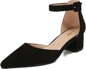 Amoji Women's 2 inch Pointed Toe Low Chunky Heels Dress Pumps Heeled Shoes with Ankle Strap 412