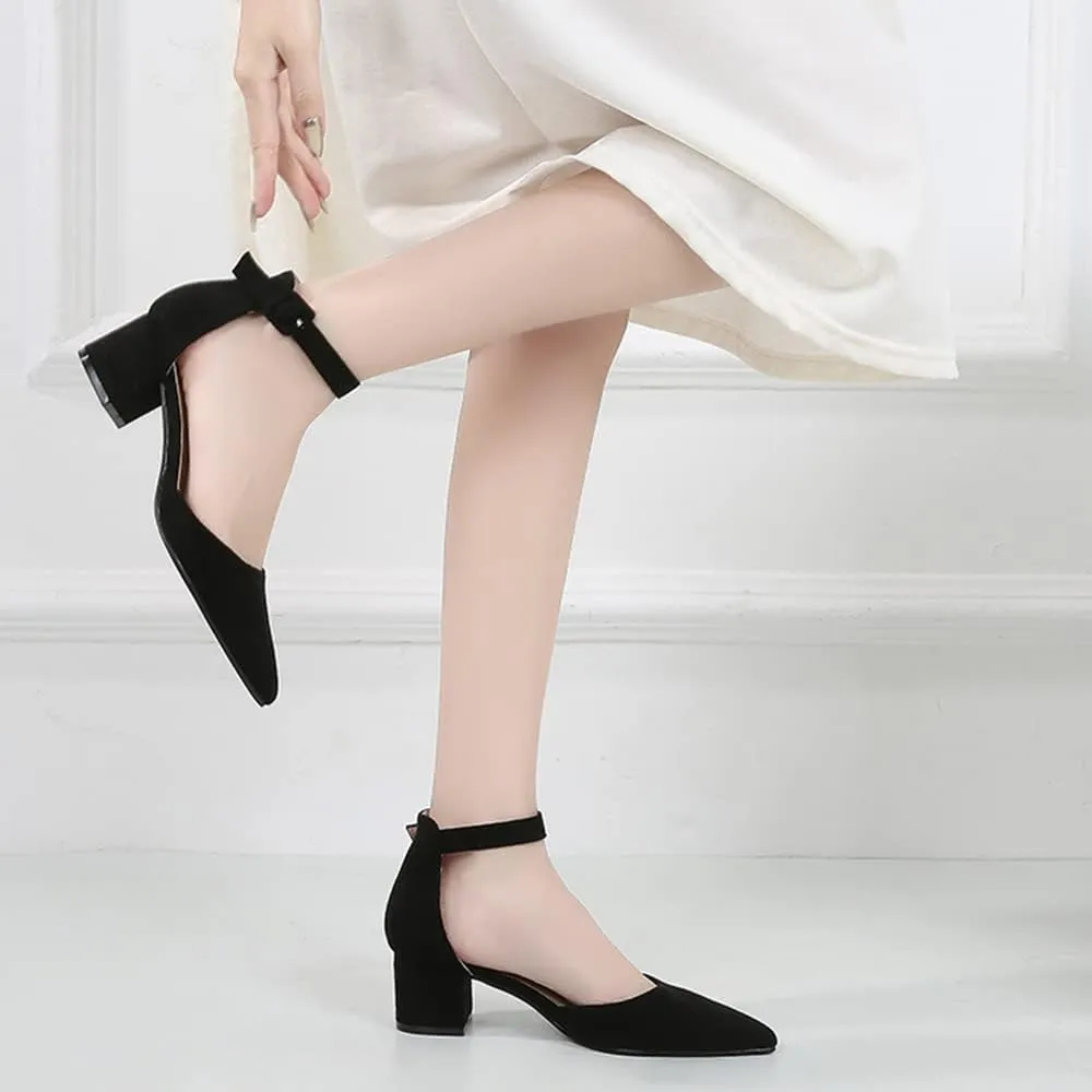 Amoji Women's 2 inch Pointed Toe Low Chunky Heels Dress Pumps Heeled Shoes with Ankle Strap 412