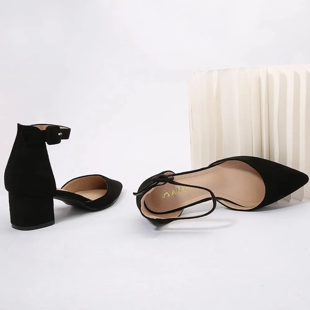 Amoji Women's 2 inch Pointed Toe Low Chunky Heels Dress Pumps Heeled Shoes with Ankle Strap 412
