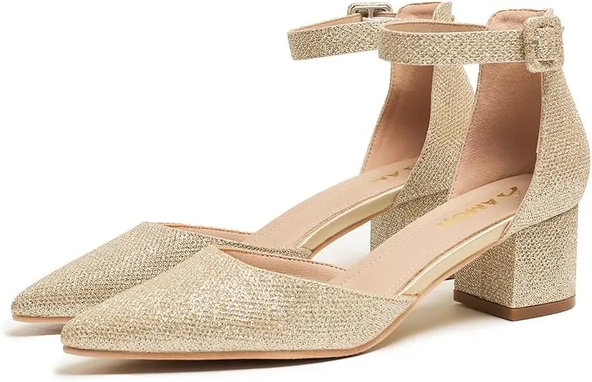 Amoji Women's 2 inch Pointed Toe Low Chunky Heels Dress Pumps Heeled Shoes with Ankle Strap 412