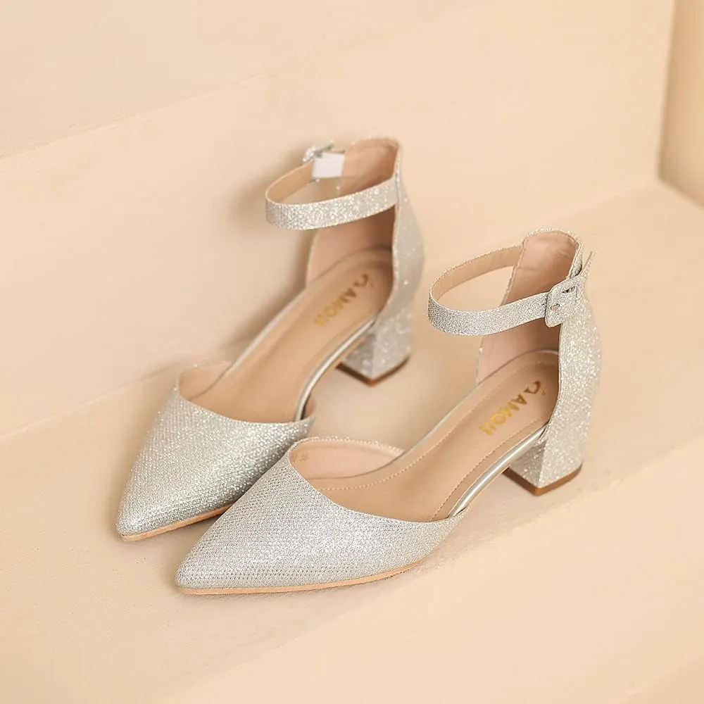 Amoji Women's 2 inch Pointed Toe Low Chunky Heels Dress Pumps Heeled Shoes with Ankle Strap 412