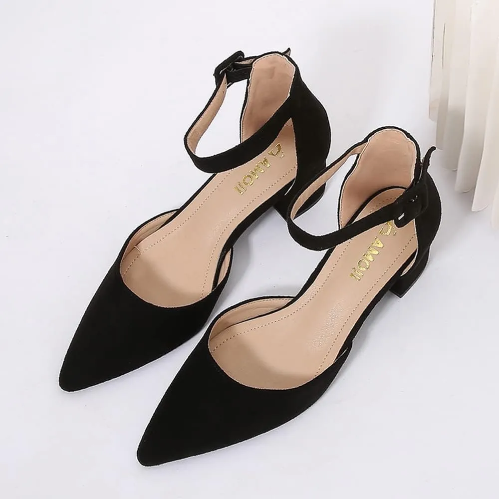 Amoji Women's 2 inch Pointed Toe Low Chunky Heels Dress Pumps Heeled Shoes with Ankle Strap 412