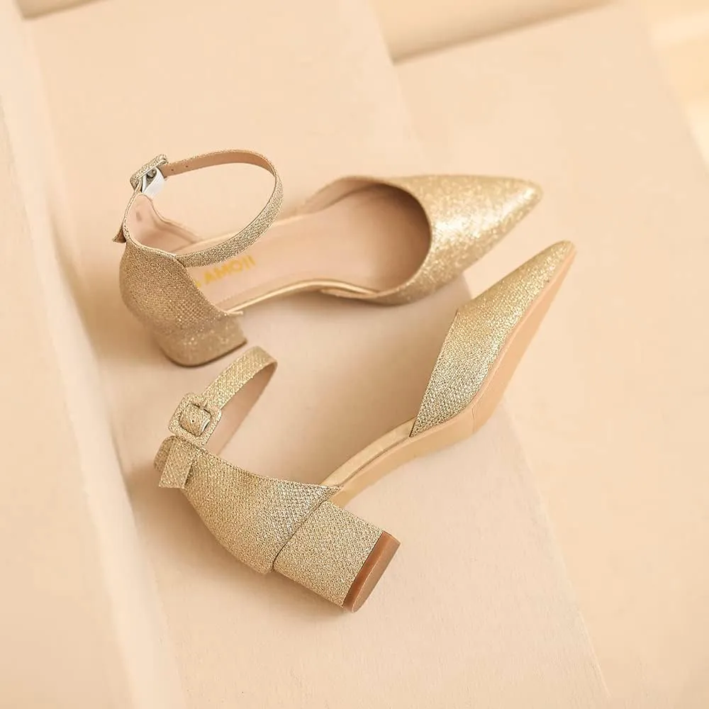 Amoji Women's 2 inch Pointed Toe Low Chunky Heels Dress Pumps Heeled Shoes with Ankle Strap 412