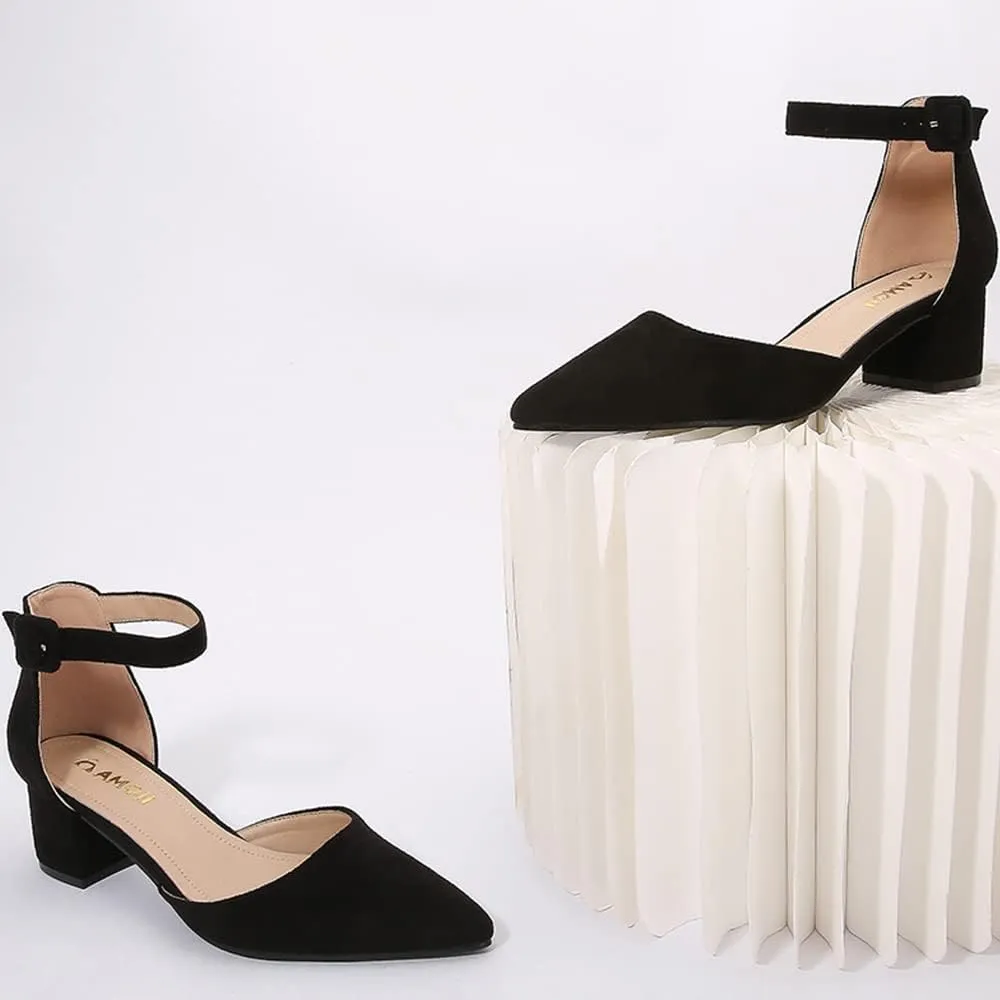 Amoji Women's 2 inch Pointed Toe Low Chunky Heels Dress Pumps Heeled Shoes with Ankle Strap 412
