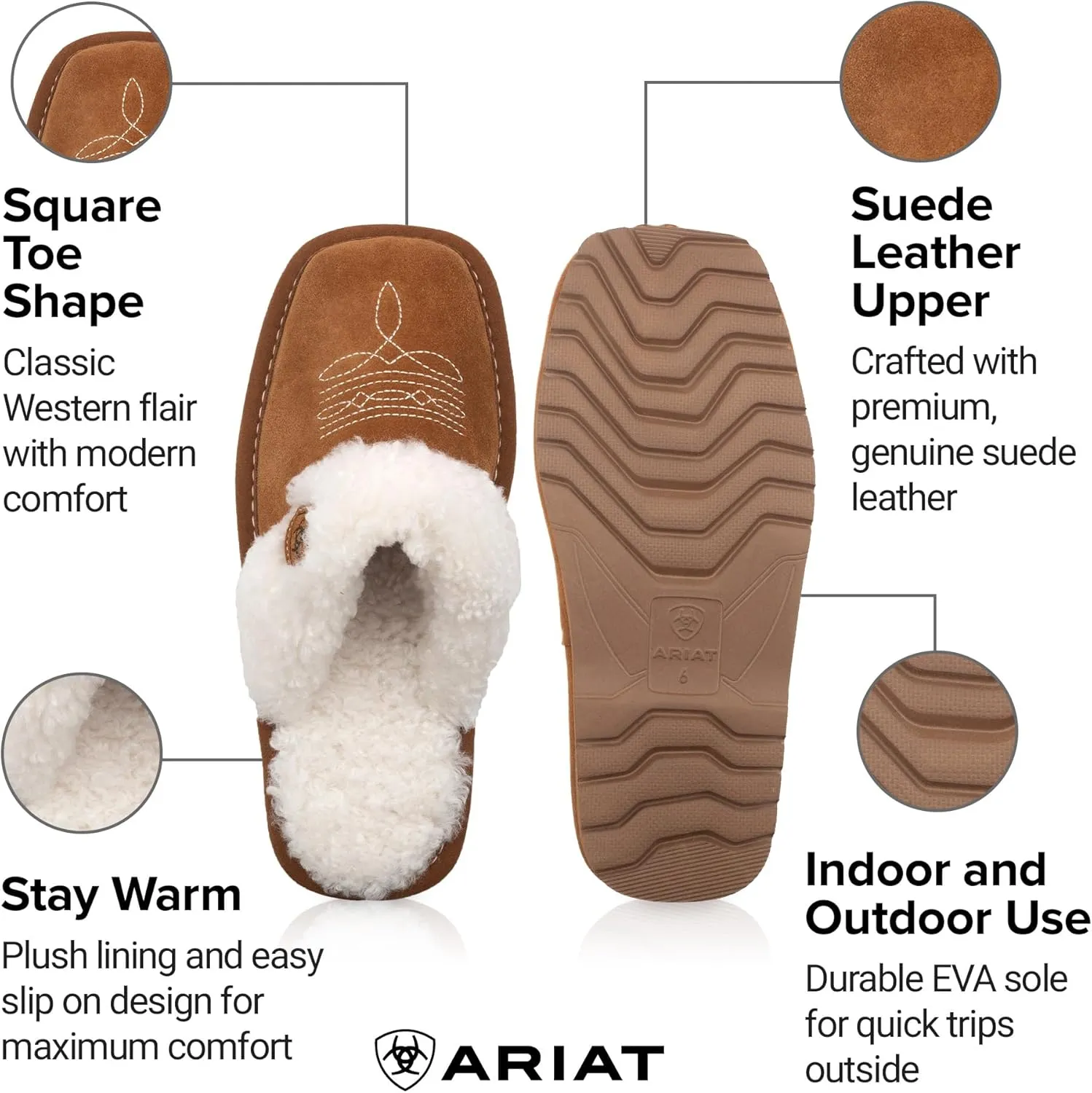 ARIAT Women's Jackie Square Toe Warm Soft Genuine Suede Leather Indoor Outdoor Slippers with Plush Collar